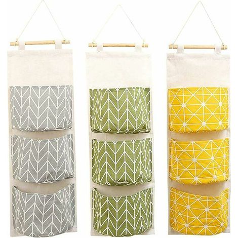 royaluxe - Pièces Joli Sac de Rangement en Tissu de Lin Suspendu Derrière la Porte Murale Pliante pour le Stockage d'Entrée de Petits Objets Jouets Bijoux Clés 3 Poches Gris Jaune Vert (1/5)