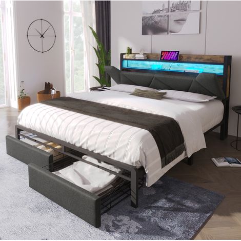 Lit coffre 140x200 LED avec tiroirs gris HAVRYA (1/5)