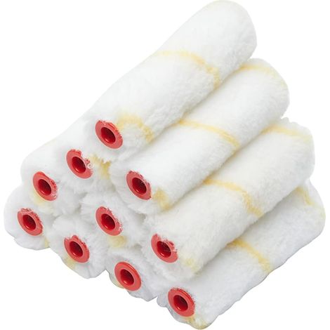 Juego de 10 mini rodillos tejidos con pelo medio de 100 mm para un acabado liso de pinturas plásticas en paredes y techos interiores. (1/4)