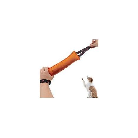 Giocattolo da tiro per cani - Giocattolo da masticare indistruttibile per cani, a forma di salsiccia, 30 cm, ultra resistente, colore arancione con maniglie - per addestramento, tiro alla fune e diver (1/5)