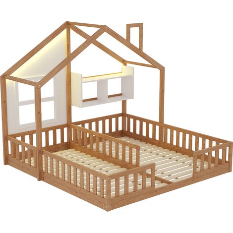 Lit enfant en bois 90 × 200 cm, lit double indépendant, design maison avec fenêtres et cheminée, avec éclairage LED, barrière de sécurité et rangements, complet avec sommier à lattes, couleur bois (1/5)