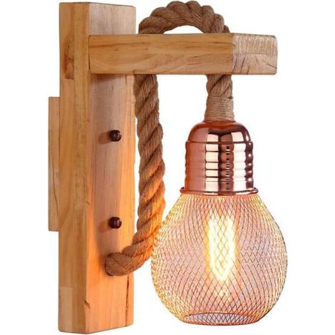Vintage-Wandlampe aus Massivholz - Retro-industrieller Stil - Hanfschneide - Rustikale Wandlampe Innenbeleuchtung - Metalllampe - E27 - Braun rot (1/5)