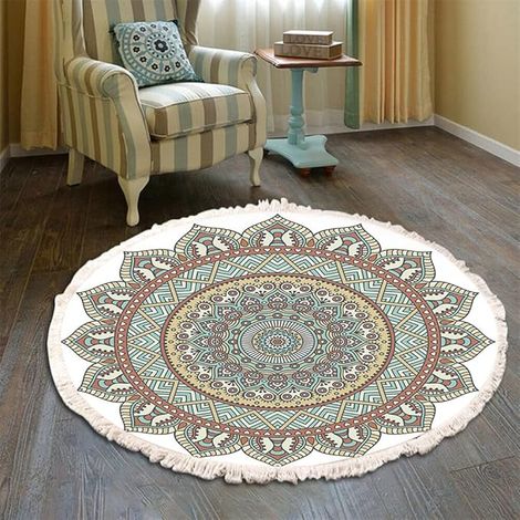 Teppich Rund Bohemian Blume Groß Teppich Mandala Muster Quasten Waschbarer Baumwolle Teppich Wohnzimmer Schlafzimmer (90cm,Grün-Gelb)