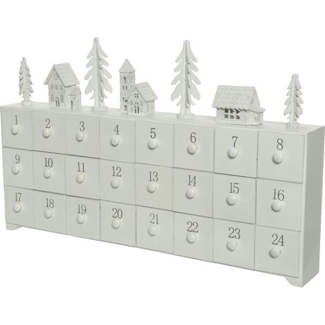 Calendario dell'avvento con case ed alberelli in legno MDF da 28 cm