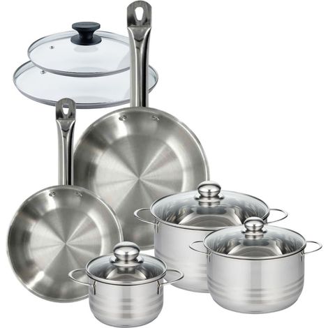 Set 2 poêles 24 28 cm en inox et 2 couvercles verre, 3 faitouts inox 16, 20 et 24 cm Fackelmann Eterna (1/5)