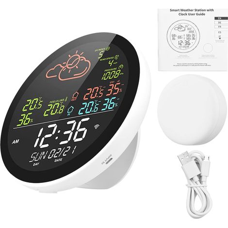 Station météo intelligente avec horloge température et humidité mètre multifonctionnel grand écran couleur horloge météo Temp. & Jauge d'humidité avec 3 capteurs (1/5)