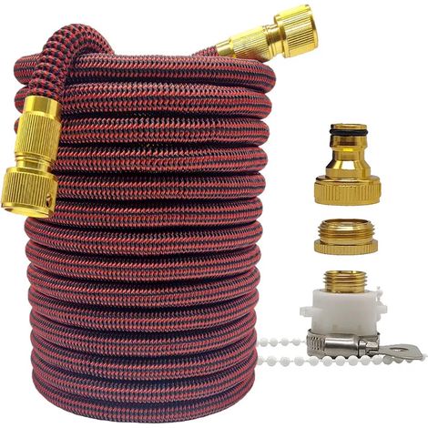 Tuyau d'arrosage haute pression (rayures rouges et noires - 7,6 m) extensible et flexible, 2,5 à 30 mètres, avec enrouleur en PVC et pistolet. Idéal pour l'irrigation de jardins et de fermes, le lavag (1/5)