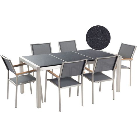 Garden Dining Set Grey with Black Granite Table Top 6 Seats 180 x 90 cm Triple Plate GROSSETO (1/5)
