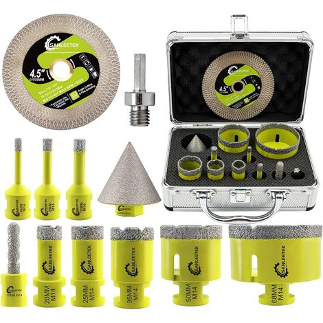 Foret Diamant Carrelage Kit (6/8/10/20/25/35/50/68+10mmFraise Diamant+50mmMèches Chanfrein+115mm Disque+Adaptateur) Scie Cloche pour Carrelage Céramique Porcelaine Marbre Granit M14 Filetage (1/5)