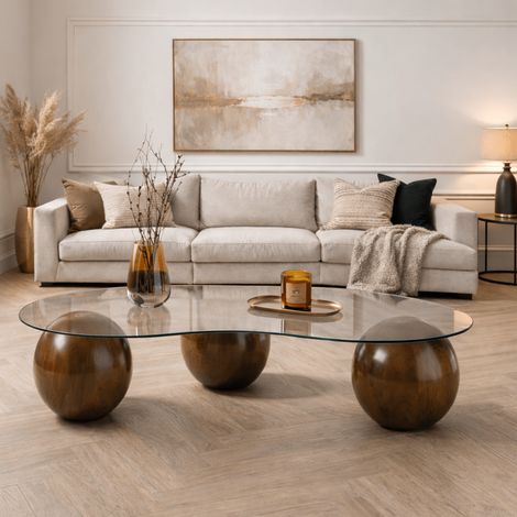 Bio-Couchtisch, transparentes Glas, Walnuss-Kugelbeine, Kugel,