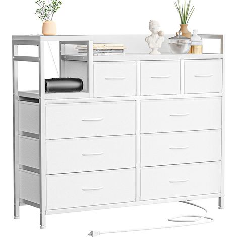 Commode TV 9 Tiroirs en Tissue avec Station De Charge Intégrée, Commode Chambre avec Étagères, Structure en Métal Et Bois, Commode Multifonctionnelle pour Salon, Chambre, Couloir Blanc (1/5)