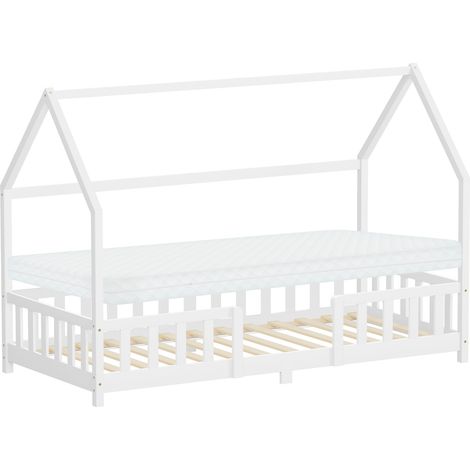 ML-Design Letto a Casetta per Bambini 90x200 cm, Bianco, con Materasso 10 cm e Protezione Anticaduta, in Legno Massello di Pino, Tetto e Rete a Doghe,Stile Montessori, Letto Singolo per Ragazzi