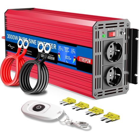 3000W/6000W 24V 220V/230V Pur Sinus Convertisseur de Tension, Sinus Power Inverter sinusoïdale DC AC, Onduleur Transformateur pour Voiture, Camping, Voyage (1/5)