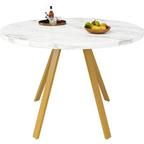 Tavolo Rotondo 80x80x75 cm, con Piano a Effetto Marmo, Struttura in Metallo, Bianco e Oro, per Cucina o Soggiorno