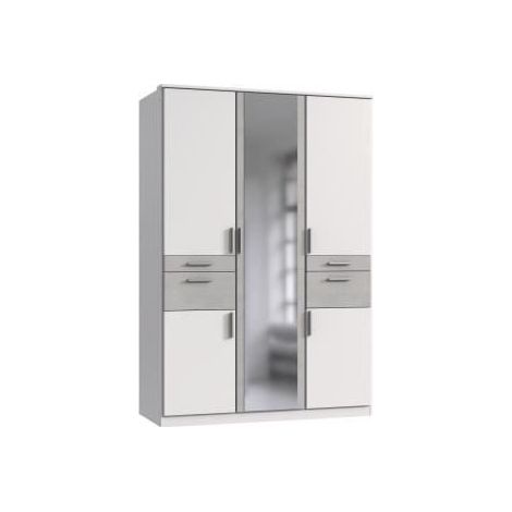 Armoire de chambre - VOLOS - Blanc / Béton gris clair - 5 portes - 1 porte miroir - 4 tiroirs - 135 x 58 x 199 cm (1/2)