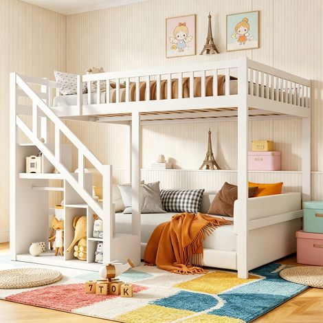 Lit Mezzanine 140x200 cm pour 1/2 places, Lit Superposé Enfant avec escalier de rangement, Cadre de lit Multifonctionnel avec Sommier à Lattes en Bois Massif, Blanc