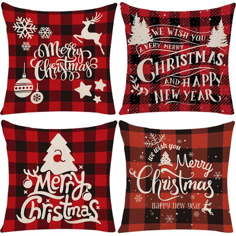 Funda De Almohada Navideña - Lino Y Algodón 100% - Diseño Árbol Navidad Ciervo Copo Nieve - 4 Unidades - Para Almohadas 18 X 18 Pulgadas (1/5)