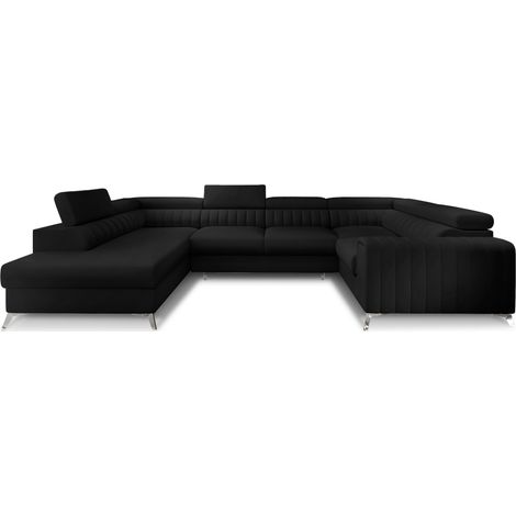 Canapé panoramique convertible LOUVE simili cuir - Rangement et têtières réglables à gauche-Noir-Coffre à gauche (1/5)