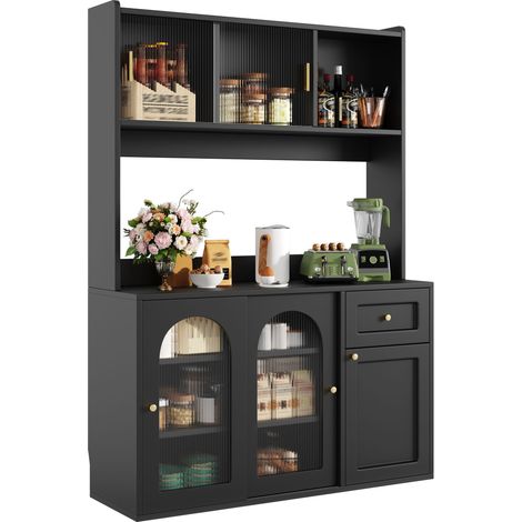 Armoire de cuisine haute, meuble vitré, buffet avec étagères réglables, meuble de salle à manger, buffet avec éclairage LED, noir (1/5)