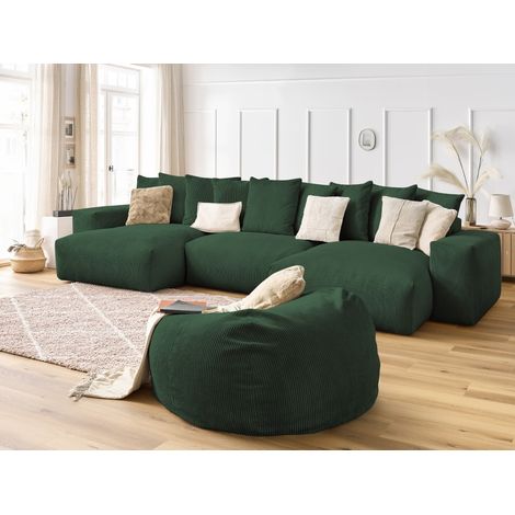 BOBOCHIC - Canapé panoramique fixe VOLTAIRE velours côtelé avec pouf Panoramique  Vert (1/5)