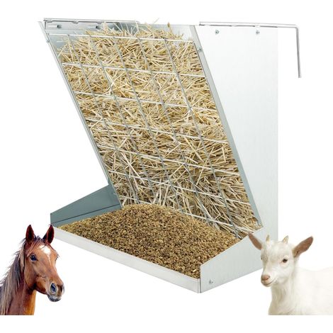 COSTWAY 2 en 1 Comedero de Heno Colgante, 83L Alimentador de Heno y Granos de Metal Galvanizado con Distancia Ajustable, Red de Malla y Bandeja Grande, Alimentador para Ganado de Alta Resistencia (1/5)