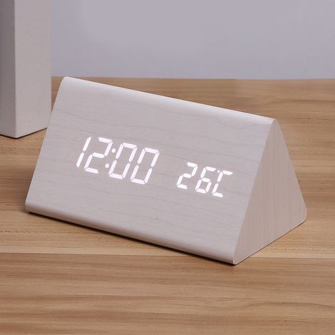 Réveil en Bois, Réveil en Bois Horloge Numérique Intelligente à LED pour Chambre/Bureaux, Amélioré avec Affichage Heure Température, Luminosité Ajustable et Contrôle Vocal, Affichage Humidité - Blanc (1/4)