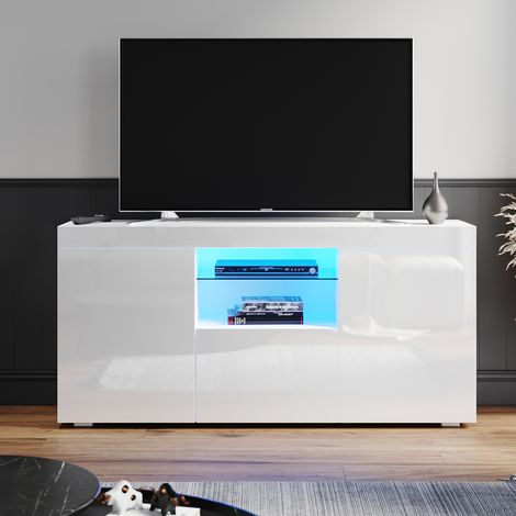 ELEGANT 1350mm Modern High Gloss TV Unit Stand with LED Ambient Light for Living Room and Bedroom with Storage Furniture for 32 40 43 50 52 inch 4k TV, White (1/5)