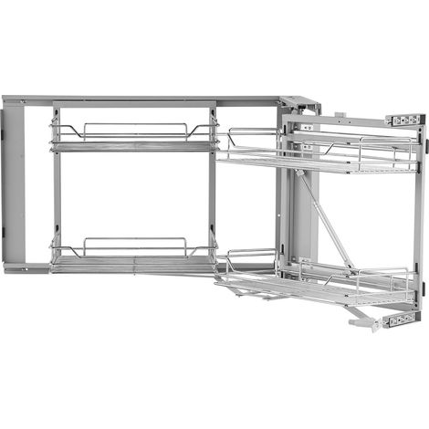 Organisateur coulissant pour placard d'angle, 2 niveaux 4 étagères, acier chromé, ouverture 45 cm, compatible gauche/droite. (1/5)