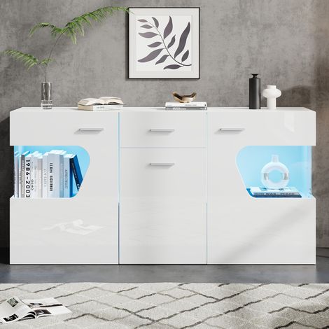 Aparador vitrina 140x33x70 cm de MDF blanco con LED y almacenaje integrado – MEUBLIV (1/5)