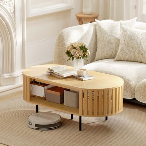 Table basse ovale, table de salon avec rangement, coins arrondis, design lattes, 100 x 50 x 40 cm, effet bois naturel (1/5)