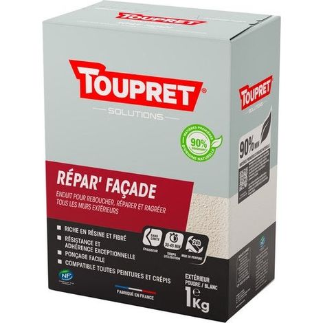 Toupret – Enduit de rebouchage façade 1 kg en poudre – Pour extérieur – Fissures de 1 à 2 mm – Temps de prise rapide – Norme NF Environnement