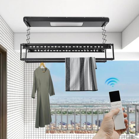 Séchoir à linge électrique mural avec télécommande, support de plafond, extensible et pliable, pour balcons, buanderies (noir) (1/5)