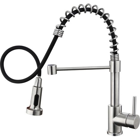 Auralum Hochdruck Ausziehbare Küchenarmatur mit Spiralfeder, 360° schwenkbar, mit 2 Auslauffunktionen, Warm- und Kaltwasser verfügbar, Einhebel-Küchenarmatur für Spüle, Gebürst (1/5)