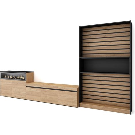 Skraut Home - Muebles de Salón para TV, Conjunto de muebles comedor, 360x186x35cm, Para TV hasta 65", Chimenea eléctrica, Estilo Moderno, Roble y negro (1/5)