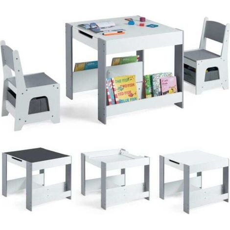 Rangement pratique, table et chaises enfant en bois avec plateau réversible et assises ergonomiques pour tout-petits (1/2)