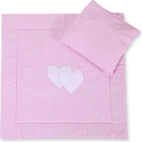 Linge de lit pour poussette avec couette et oreiller - Motif cœurs à carreaux roses