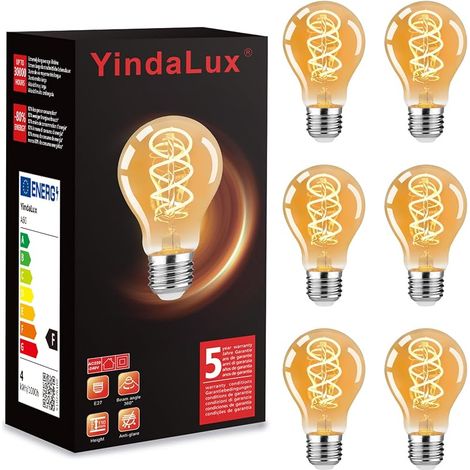 Ampoule E27 4W Edison Vintage A60, 2200K Blanc Chaud Ampoules LED Rétro à Filament Décorative, Verre Ambré Ampoule Equivalent à Ampoule Incandescente 60W, non variable, Lot de 6 (1/5)