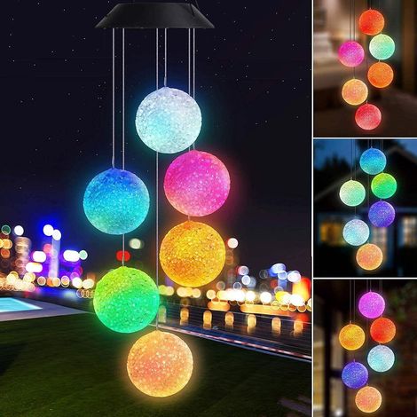 Carillon éolien d'extérieur, carillon éolien mobile à LED solaire à couleurs changeantes, lampe de jardin solaire suspendue pour jardin, cour, pelouse, allées, décoration estivale et festive (boule)