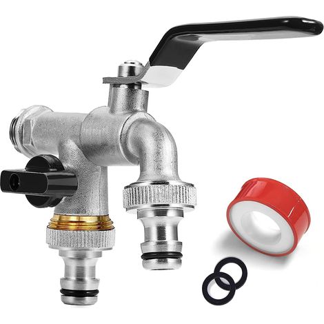 MINKUROW Robinet de jardin double sortie, raccord 2 voies 3/4 pouce – entrée 1/2 pouce, 1 bande d'étanchéité en rouleau, connecteur double et extrémité de tuyau pour jardin, citerne d'eau de pluie, ma (1/5)
