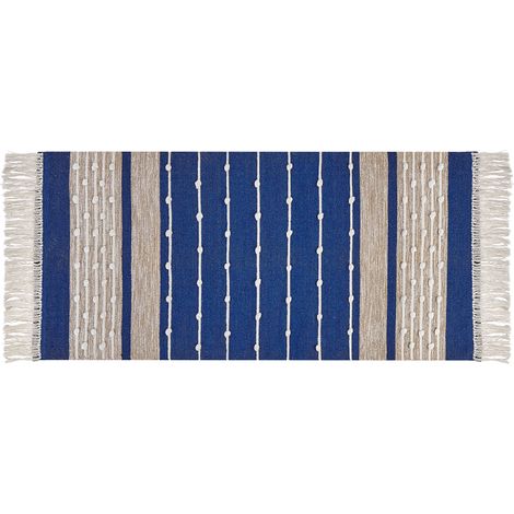 Alfombra de algodón azul marino beige 80 x 150 cm hecho a mano moderno Kondhali (1/5)