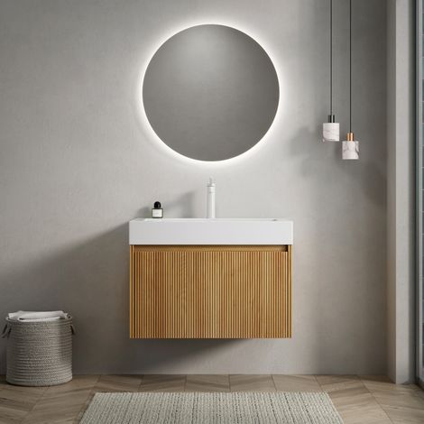 Mobile lavabo bagno 70x46x50 cm, lavello integrato in resina lucida, cassetto in legno massello, effetto rovere, bianco e legno naturale (1/5)