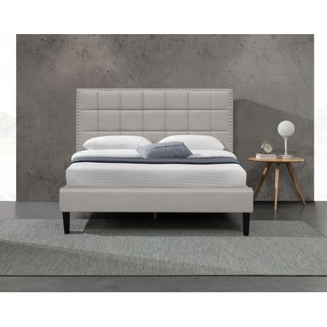 Cama 140x200 - Somier + cabecera capitonée BLANCA - Patas 16 cm - 13 lamas - Tapizado en PVC simil - Montaje rápido - Confort óptimo - Diseño elegante - CAMA RILEY GRIS