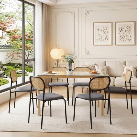 Lot de 6 Chaises Tissu Noir - Dossier en Cannage de Rotin - Design Bohème et Moderne - Idéal pour Salle à Manger, Bar et Café