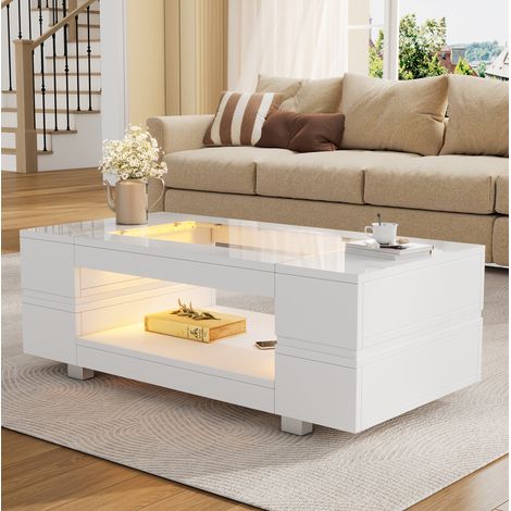 LED-Couchtisch 100 x 50 x 35 cm weiß mit App-Steuerung HAVRYA (1/5)