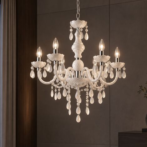 Lustre cristaux suspension 6 flammes suspension lustre blanc, cristal suspension accents chromés, 6x douilles E14, DxH 67x166 cm (1/5)