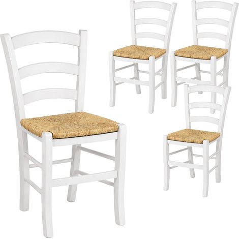 4 Sedie paesana in legno Bianca con seduta in paglia - Misura 43x42x86 cm - Sedia tradizionale robusta - Per casa, cucina, agriturismo e ristorante (1/5)