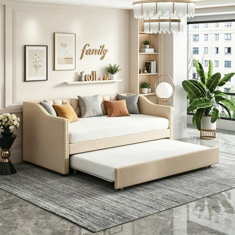 Lit gigogne 90x200 cm, Canapé-lit extensible avec sommiers à lattes, Canapé Lit 2 en 1 Accoudoirs rivets, Lin beige (1/5)