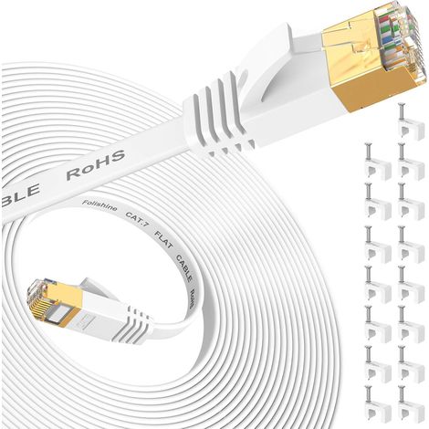 Câble Ethernet 10 m, Cat7 Internet haute vitesse avec connecteur RJ45 plaqué or, câble LAN blindé pour commutateur de réseau, plus rapide que Cat5/Cat5e/Cat6-Blanc