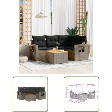 The Living Store Salon de jardin 5 pcs avec coussins gris résine tressée - Ensemble Salon De Jardin - Meuble Extérieur - Résine Tressée - Rotin Synthétique - Mobilier De Jardin (1/3)