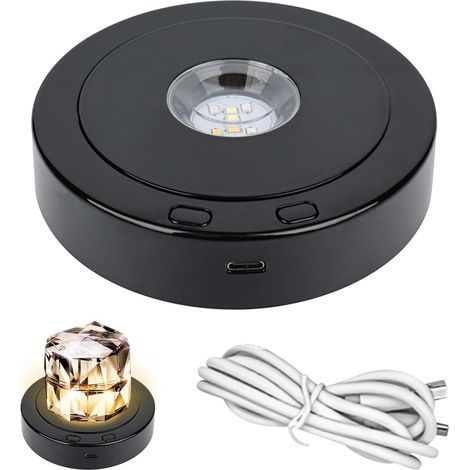Base lumineuse LED ronde rotative noire, 4 modes rotatifs et 8 modes d'éclairage, base d'affichage rotative à plusieurs couleurs pour statues en cristal, boule de verre, art du verre (1/5)